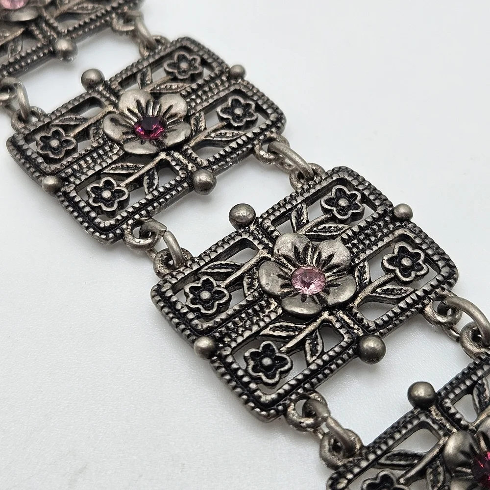 VINTAGE Art Deco Filigree Rhinestone Flower Articulated Panel Link Bracelet
